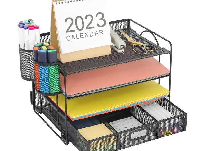5-Tier Office Desk Organizer Letter Tray with Drawer and Hanging Pen Holder